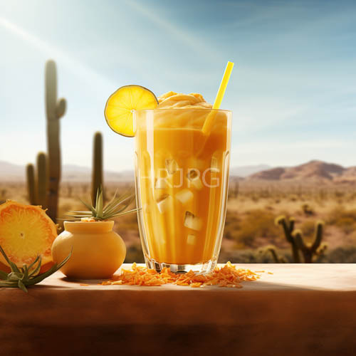 sleek icefilled glasses glow with luminous citrus hues on desert terrain