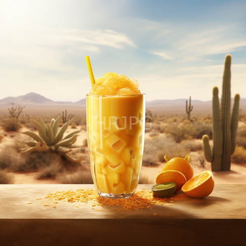frosted glass encases orangehued tropical concoction amidst desert landscape