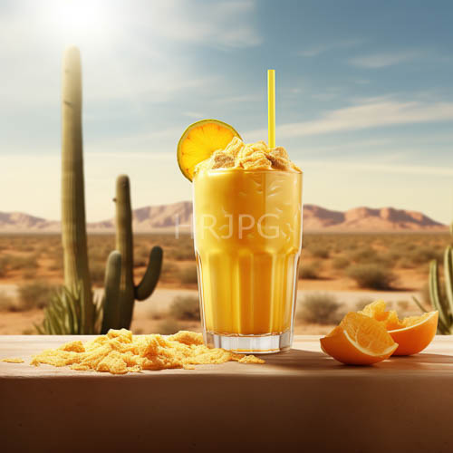 High Resolution: Citrus and Ice Oasis with Swirling Orange Liquid in Desert Setting download. | HRJPG.com