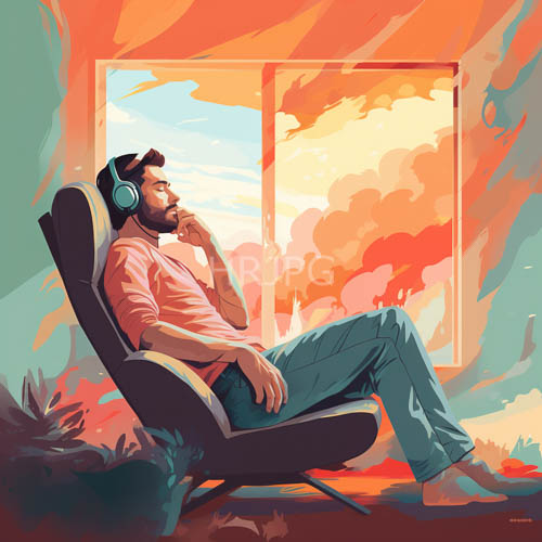 mediumbuilt man in pink shirt relaxes with headphones near massive window in evening light