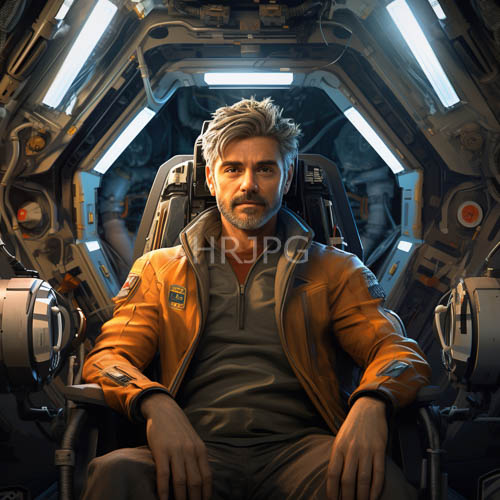 rugged man with prominent beard navigates futuristic spaceship cockpit environment
