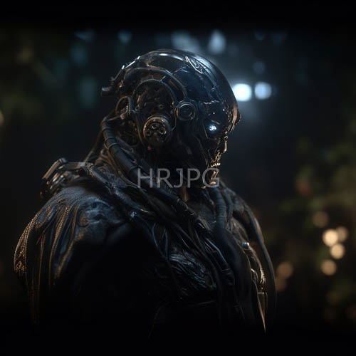 metallic humanoid emerges from low light background with cybernetic features