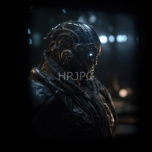 mechanical humanoid figures in lowlight environments with glowing blue eyes and cybernetic enhancements