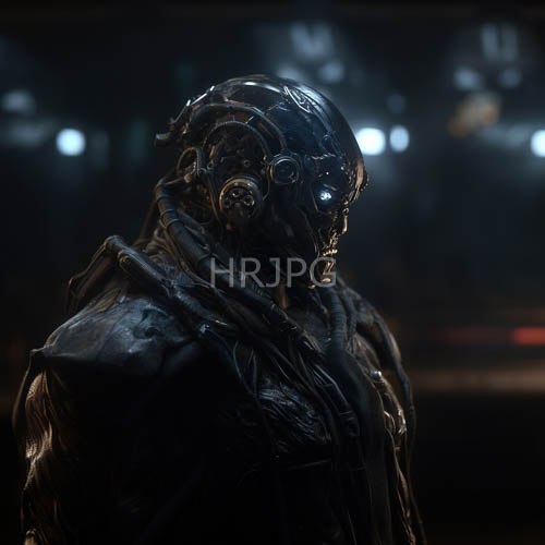 mechanical entity in dimly lit industrial setting with prominent blue eye