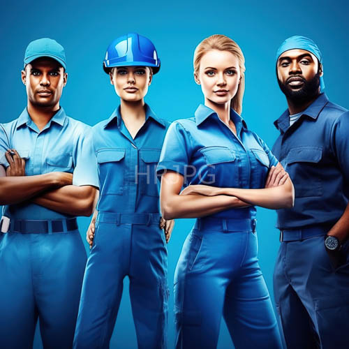 male workers pose against blue backdrop with woman in midst