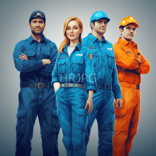 construction workers grouped together in a uniform gray background setting