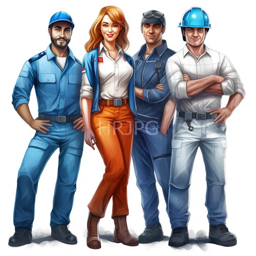 construction workers present united front amidst crisp white backdrop of modern architecture