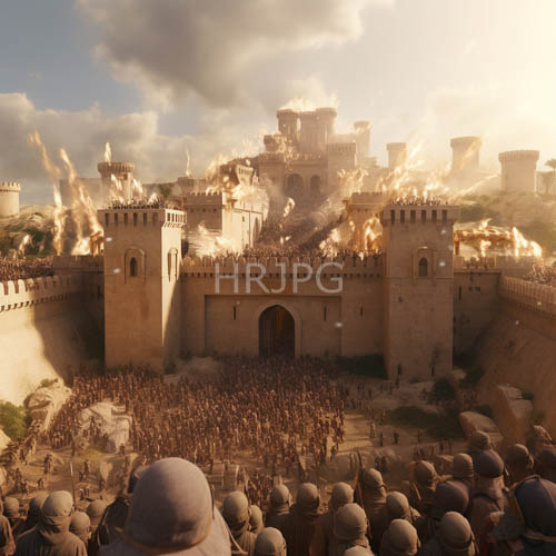 medieval siege unfolding amidst fortress walls shrouded in heavy cloudy sky ablaze with orange flame