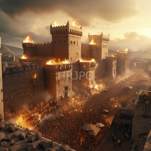 medieval castle under ruin by infernos consuming orange blaze and darkening clouds surrounding