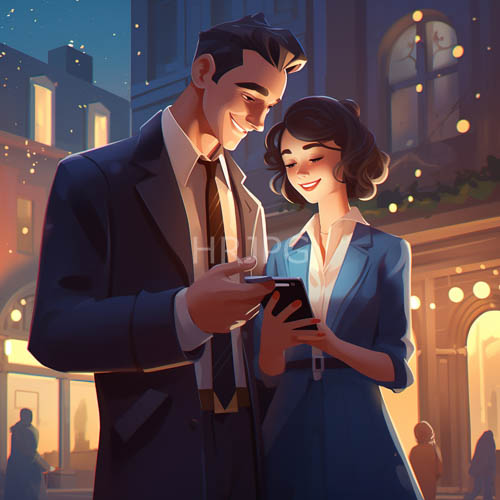 neon cityscape with elegant dressed couple amidst metropolitan nightlife
