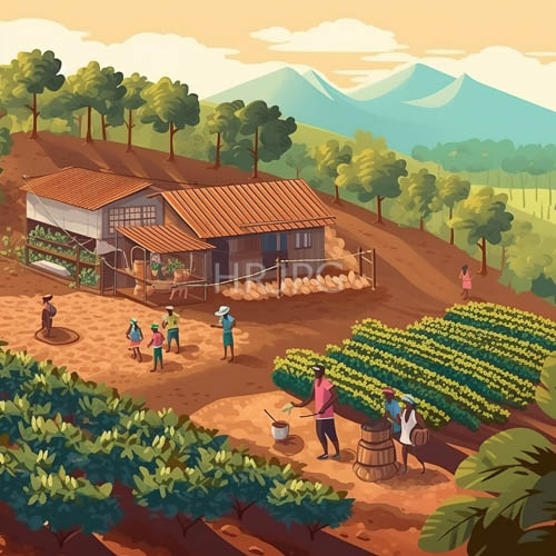 villagers in colorful attire tend lush crops on brown soil slopes under majestic mountains