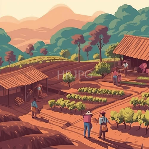 High Resolution: Farmers labor among terraced fields under rustling trees and distant mountain vistas download. | HRJPG.com