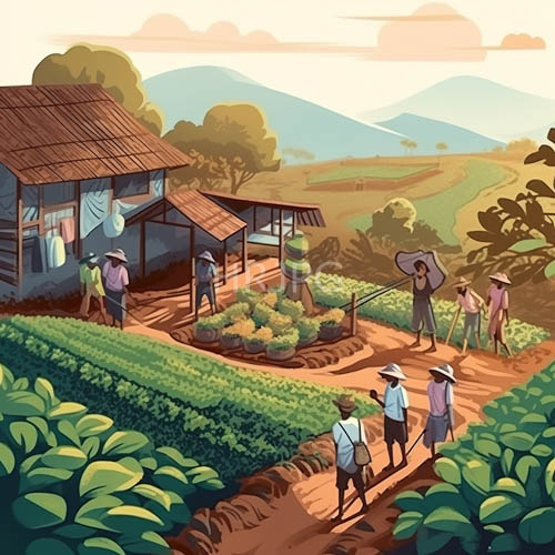 farmers laboring diligently inside terraced fields during rural sunset amidst rustic wooden houses