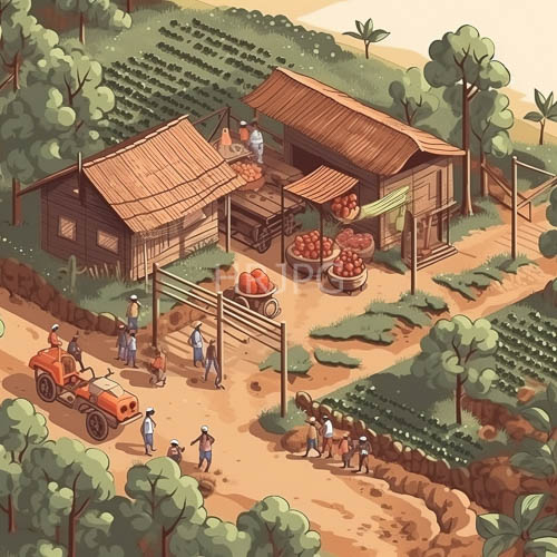rustic wooden shacks stand amidst lush green fields under warm sunlight in rural village
