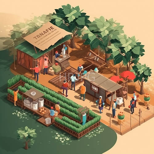 High Resolution: Market Stalls Amidst Lush Tropical Greenery and Dappled Leaf Shadows download. | HRJPG.com