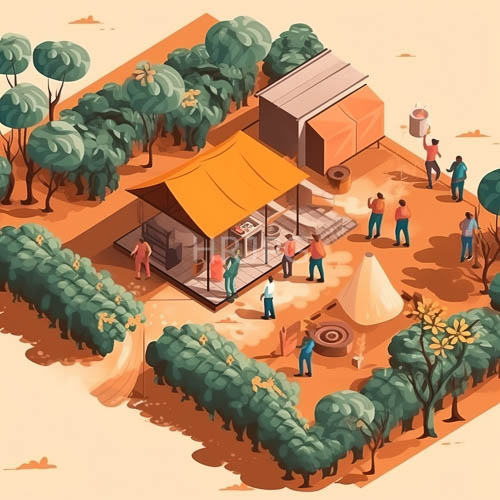 rustic village pathways unfold amidst earthy toned structures and muted yellow orange hues