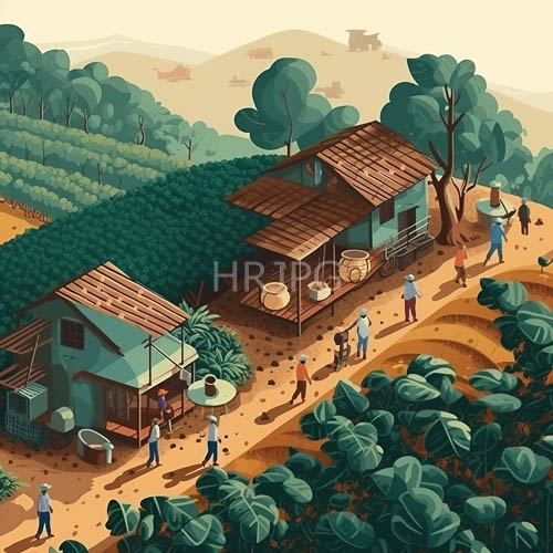 rustic bluegreen wooden houses stand amidst lush crop fields and majestic acacia trees in african village
