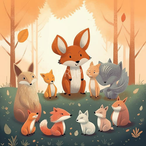 High Resolution: Foxes of Diverse Sizes and Colors Scatter Across Lush Grassy Forest Floor Under Autumn Hues download. | HRJPG.com