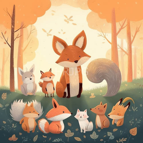 autumn forest gathering of redorange adult foxes and smaller companions