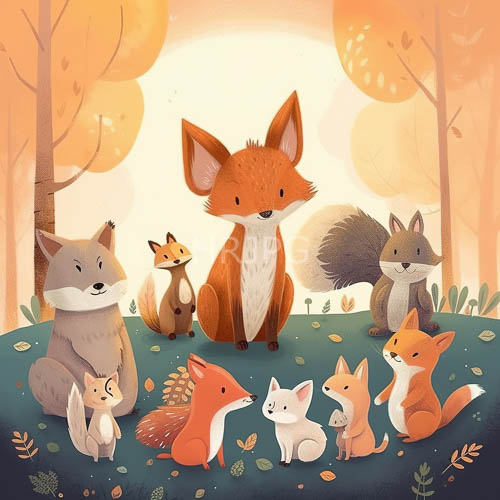 nine foxes converge within autumn forest amidst lush green grass and fallen leaves