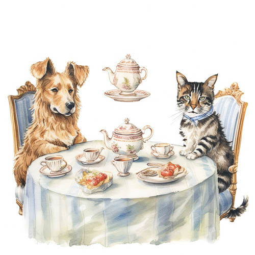 High Resolution: Golden retrievers and tabby cats sit on wooden tea party chairs download. | HRJPG.com