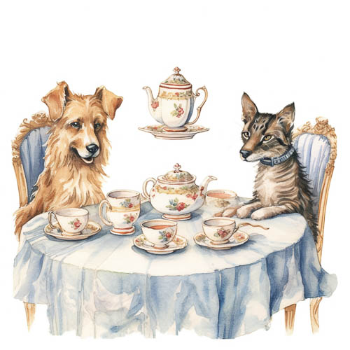 floralpatterned teacups and saucers atop elegant blue tablecloth amidst curious animal friends