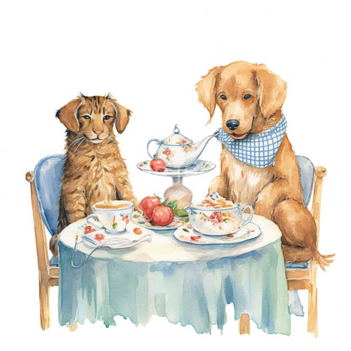 floral table runners line white tables where dogs sit at tea