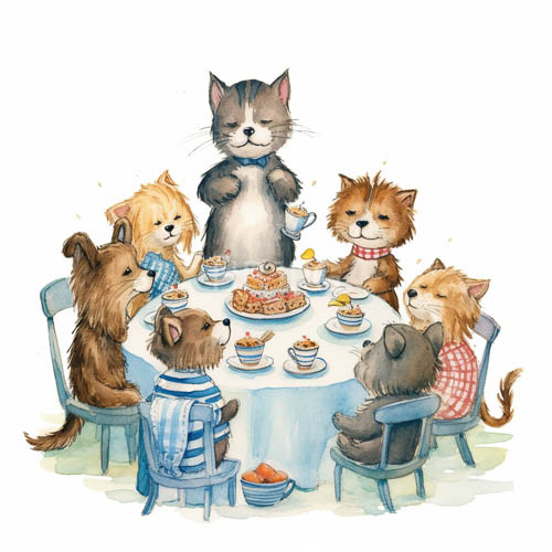 feline friends gather around an elegant oval table draped in rich blue fabric