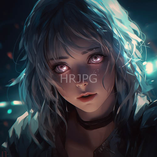 mysterious young woman with luminous purple eyes and silverblue hair in dimly lit city