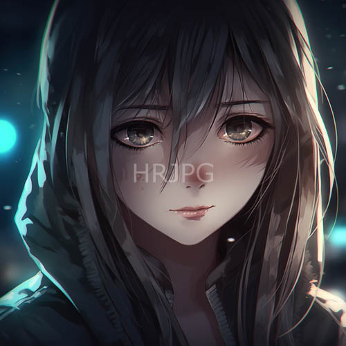 animestyle of enigmatic young woman under blue directional lighting