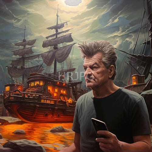 High Resolution: Pirate ships rest along rocky shores under orange sunsets download. | HRJPG.com