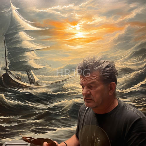 sunset seascapes with tall ships unfold behind seated artist figures