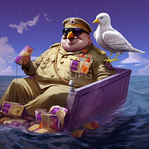 purple crates as unconventional seating for a military officer in casual beachside setting under clear blue sky with scattered clouds