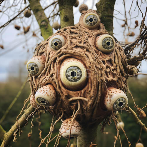 woodland pods with intricate natural sculptures rise amidst autumnal foliage and cloudy backgrounds