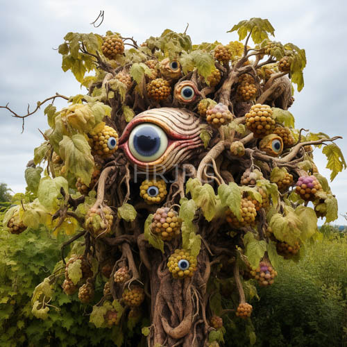 fragrant purple grapes cluster on twisted branches amidst intricate tree sculpture