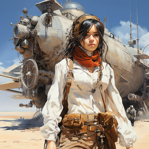 vast desert landscape with majestic steampunk aircraft and intricate copper details