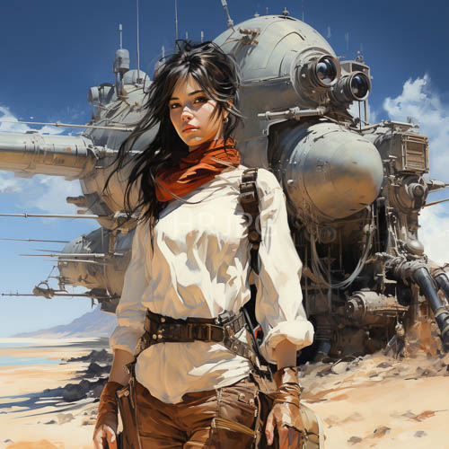 desert landscapes with rugged steel tanks provide a striking backdrop for an asian woman