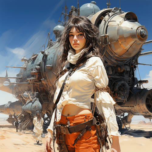 long brown hair flows near soaring airships in deserts