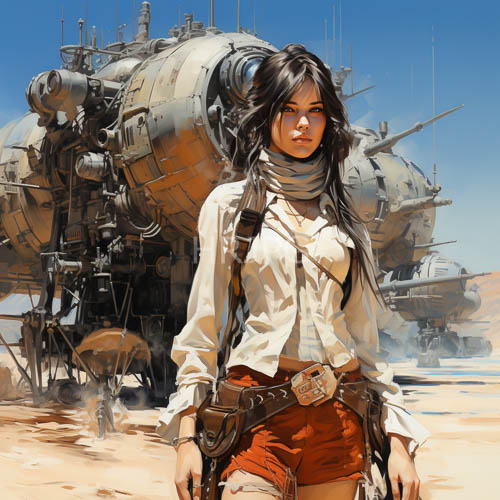 High Resolution: Mechanical warships tower over vast desert landscape with Asian woman standing confidently download. | HRJPG.com
