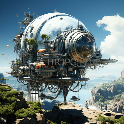 enormous airships hover effortlessly above serene lake amidst rugged rocky cliffs
