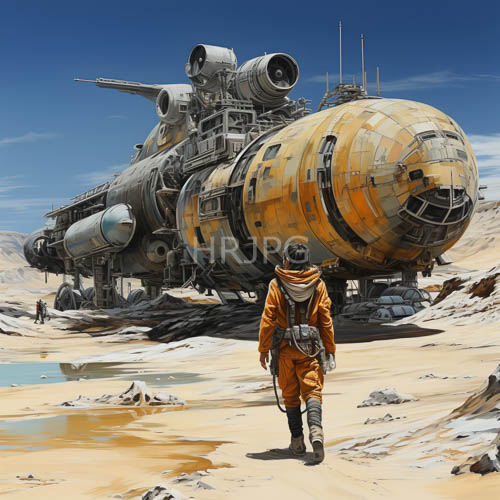 massive mechanical compartments tower above rocky desert terrain