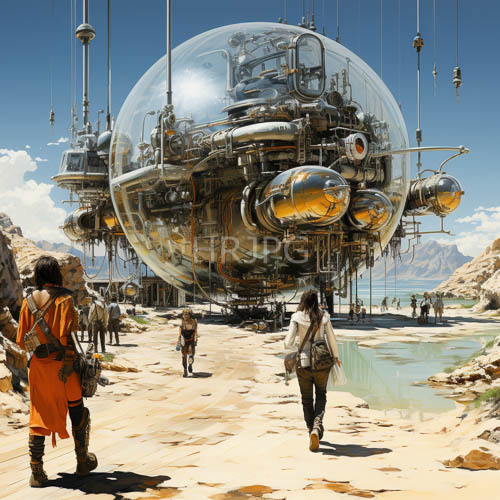 arid desert expanse lit by spherical airships metallic glint amidst mountain ranges and orange tunic figure
