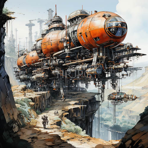 mechanical metropolises amidst rugged snowcapped peaks display complex cylindrical airships
