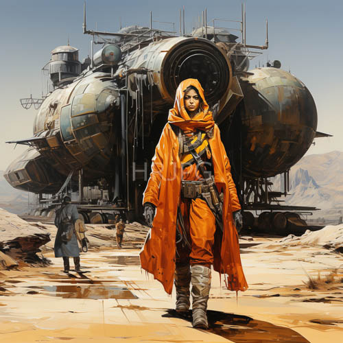 cosmic spacecraft dominates arid desert landscape with glinting metallic hulls and contrasting robes