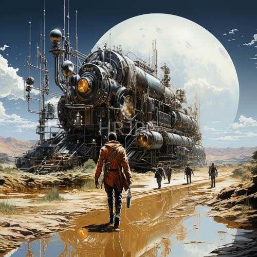 High Resolution: Steampunk Adventurers Traverse Desert Landscape Under Flickering Moonlight Amidst Machinery download. | HRJPG.com