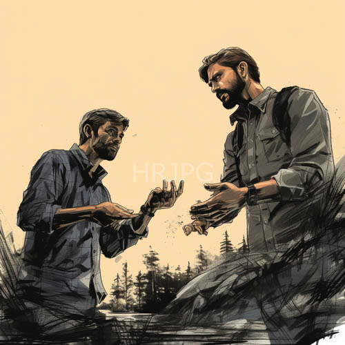 bearded men in gray and blue stands under overcast skies with weathered trees