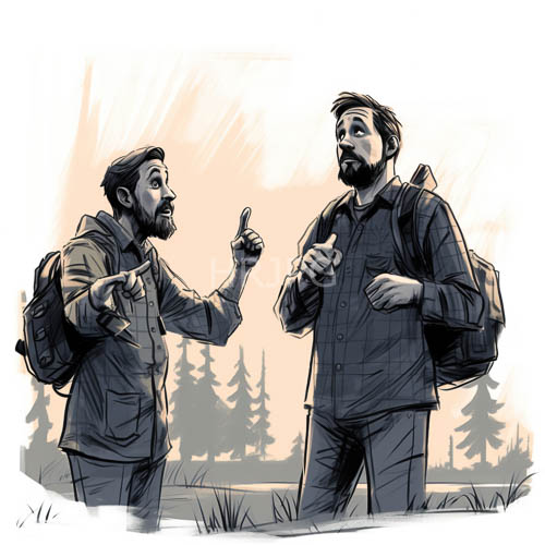 pine trees rise behind bearded men in pink outdoor sunsets