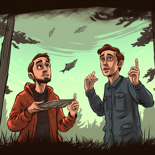 two men stand amidst flying fish silhouettes on orange hoodieclad figures amidst orange hoodieclad figures amidst greenish skies