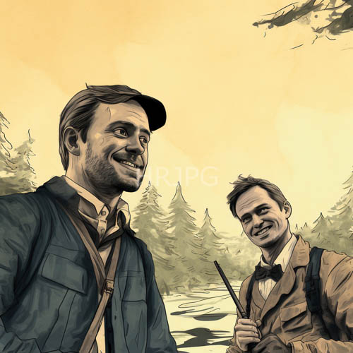 rustic sepia toned drawing portrays two friends in serene outdoor setting amidst pine trees and orange sky