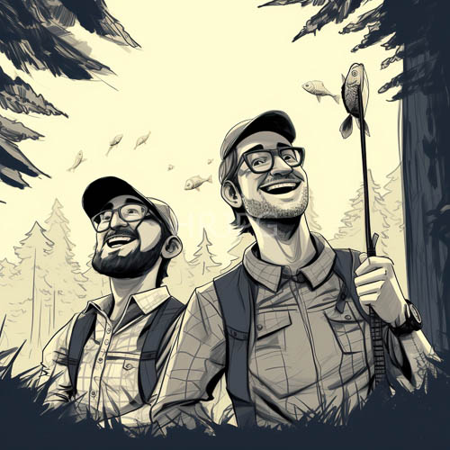 rugged outdoorsmen standing amidst tall forest foliage and sepia tones